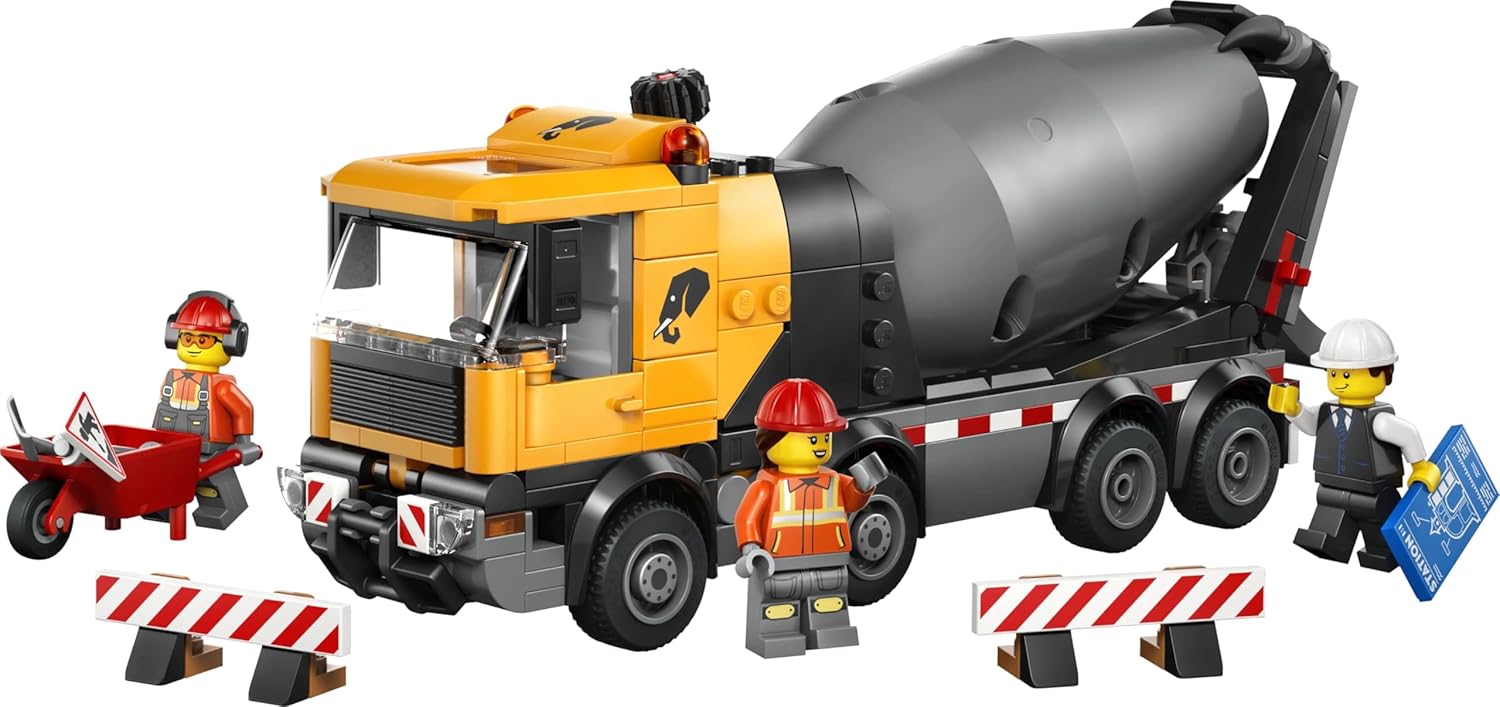 LEGO City Cement Mixer Truck Toy - Educational Construction Site Vehicle Model w/ 3 Minifigures, Rotating Drum & Pouring Function - Birthday Gift Idea for 7+ Year Old Boys - 60478