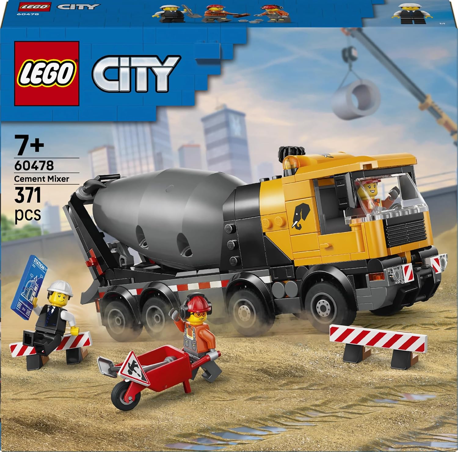 LEGO City Cement Mixer Truck Toy - Educational Construction Site Vehicle Model w/ 3 Minifigures, Rotating Drum & Pouring Function - Birthday Gift Idea for 7+ Year Old Boys - 60478