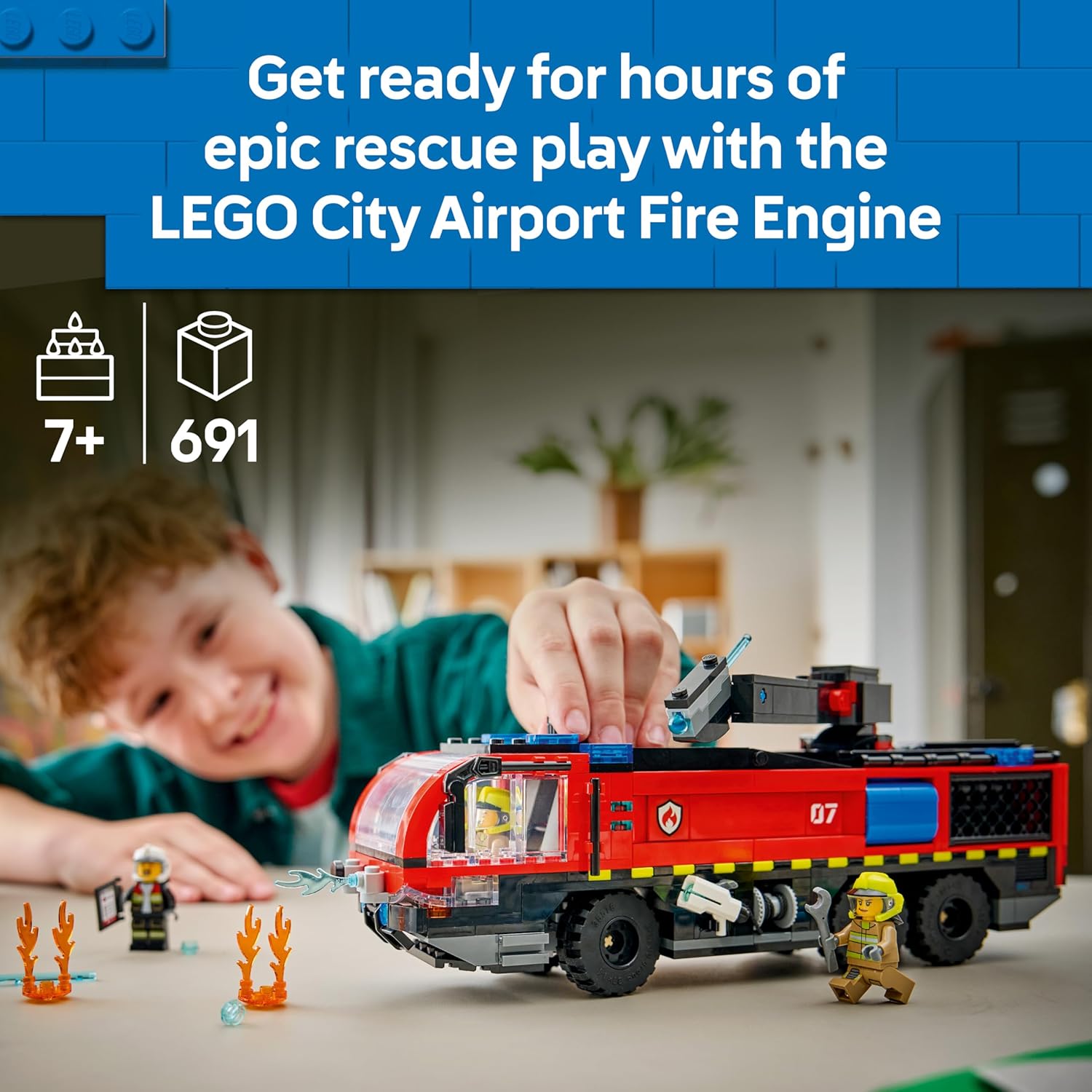 LEGO City Airport Fire Engine Truck Toy - Emergency Vehicle Model Kit w/ 4 Firefighter Minifigures - Birthday Gift Idea for 7+ Year Old Boys & Engineering Fans - 60499