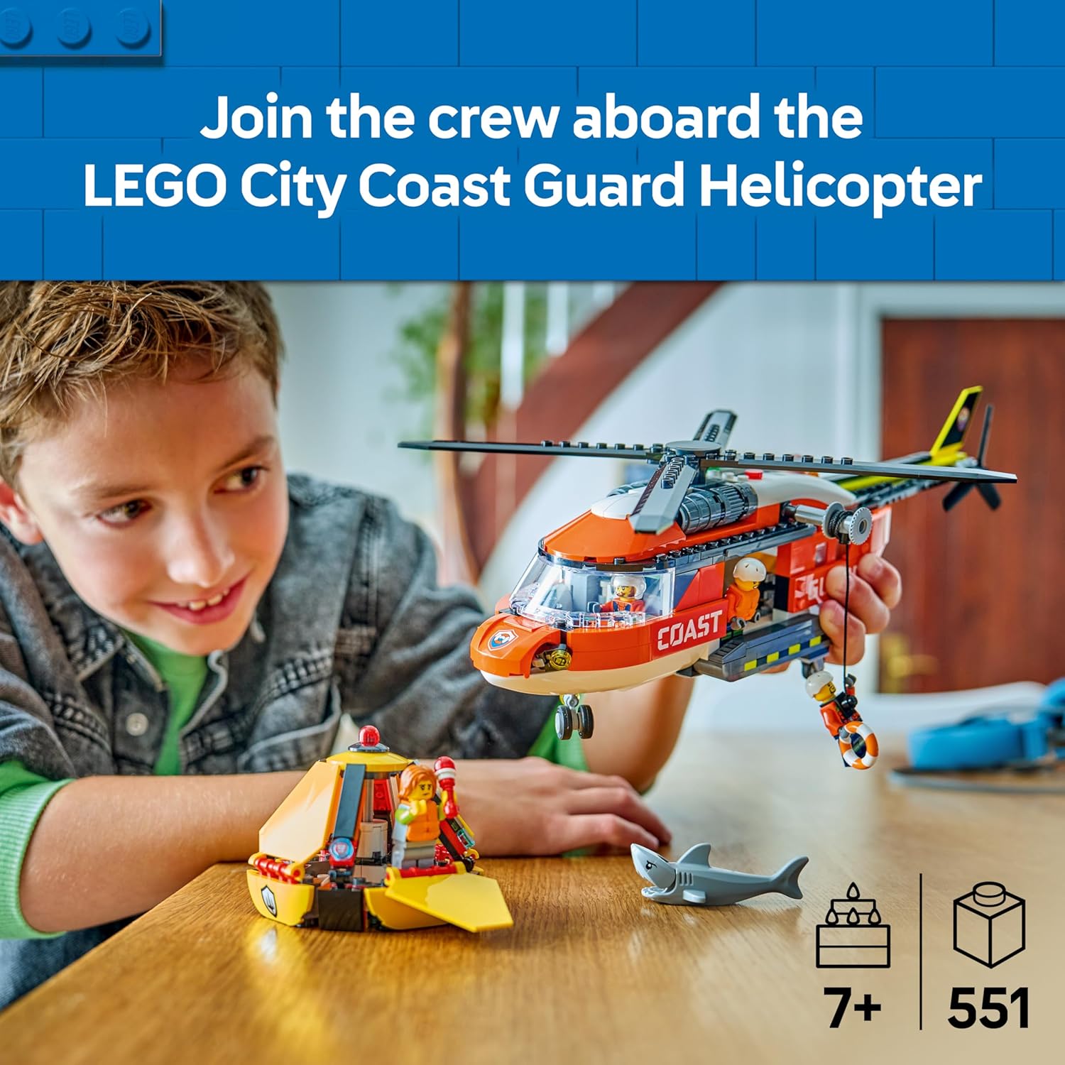 LEGO City Coast Guard Helicopter Toy - Emergency Vehicle Model Kit w/Sliding Doors, Winch, 4 Minifigures & Shark Figure - Birthday Gift for 7+ Year Old Boys - 60503