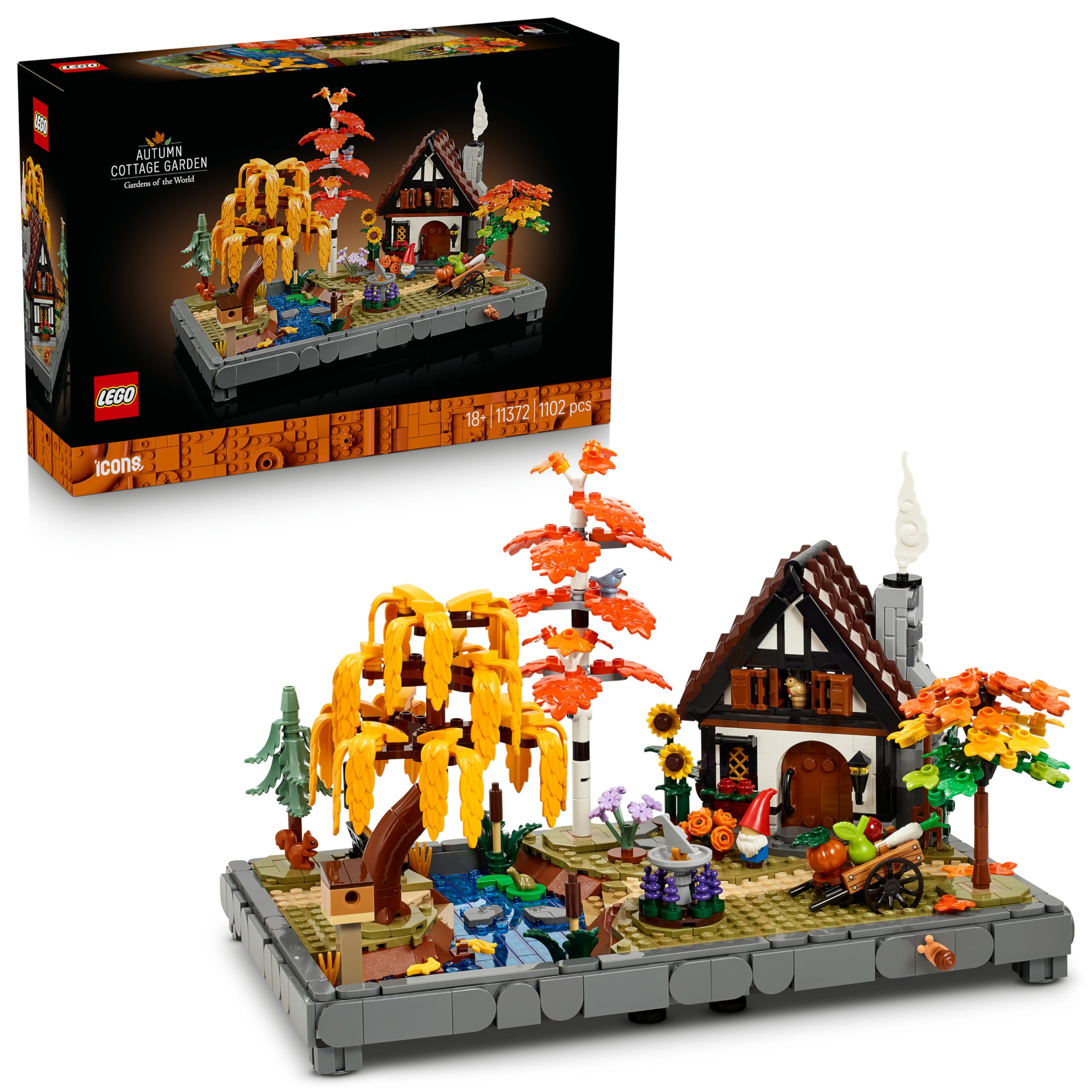LEGO Icons Autumn Cottage Garden - Miniature Building Set for Adults - Display Model Kit w/a House, 4 Trees, Animal Figures & Flowers - DIY Room Decor - Gift Idea - 11372