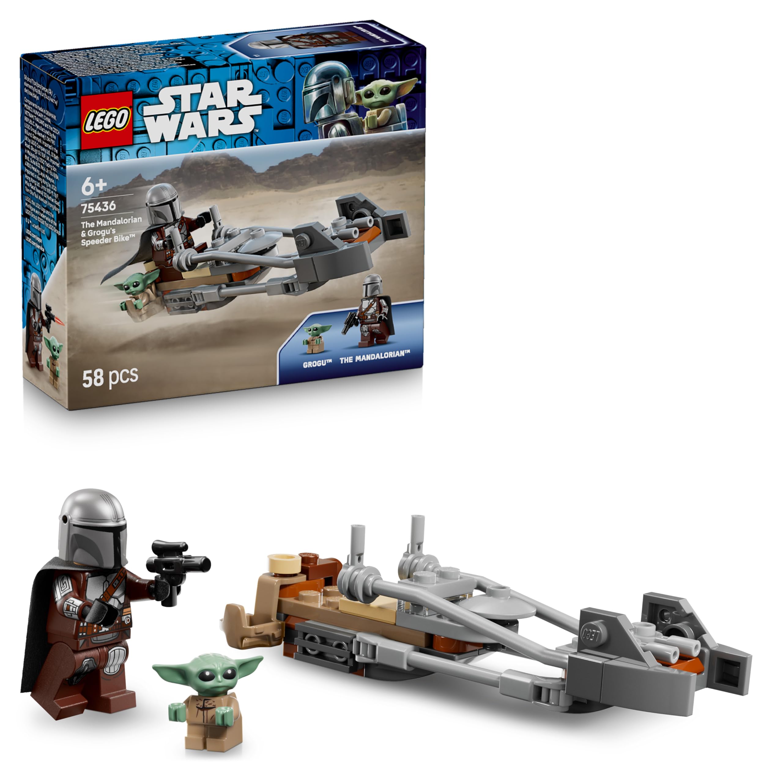LEGO Star Wars 75436 The Mandalorian & Grogu's Speeder Bike Toy - incl. a Grogu Figure & Din Djarin Minifigure w/a Blaster - Small Birthday Gift for 6+ Year Old Boys & Fans