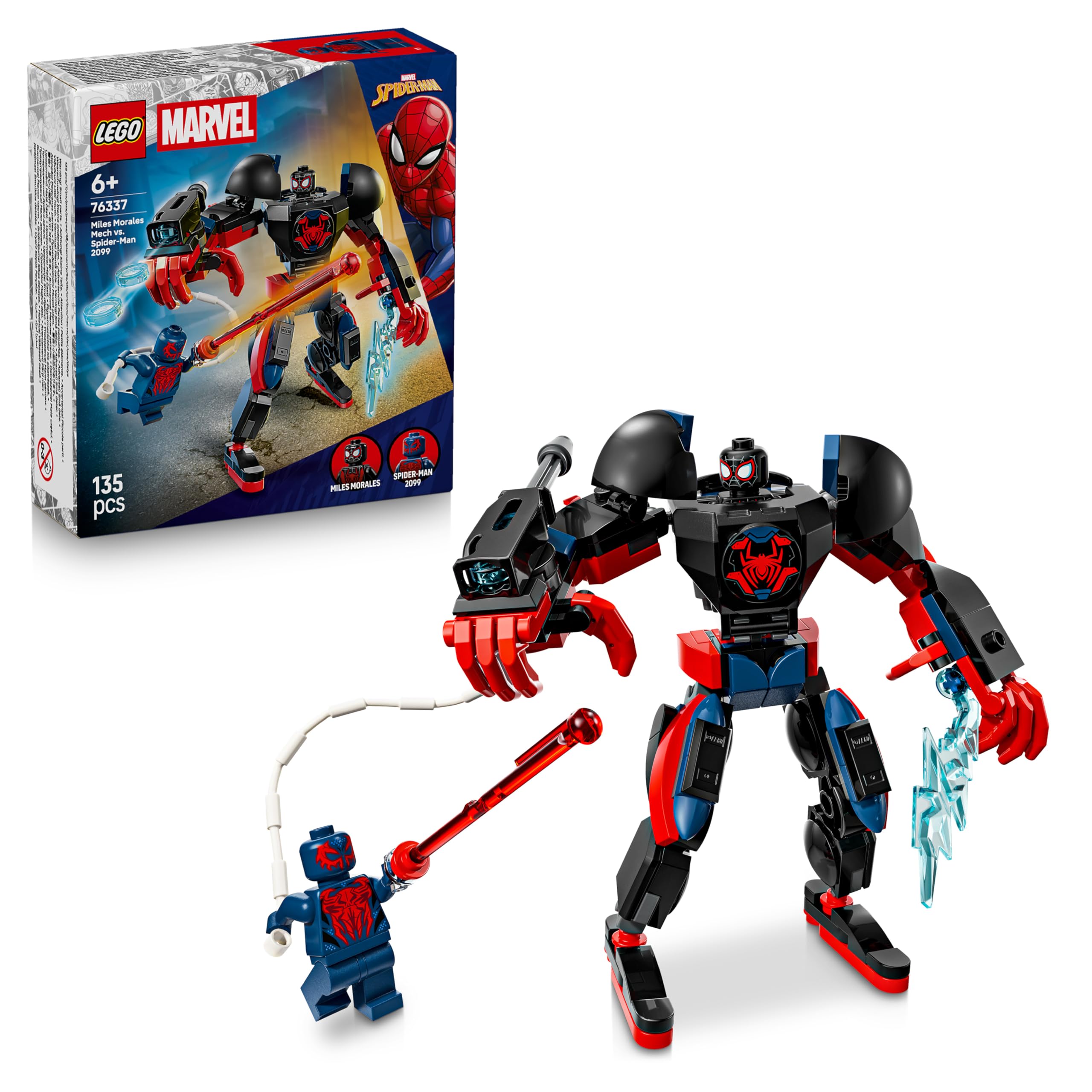 LEGO | Marvel Miles Morales Mech vs. Spider-Man 2099 - Superhero Toy w/an Action Figure & 2 Minifigures, plus Razor Web and Power Blast Elements - Gift for 6+ Year Old Boys - 76337