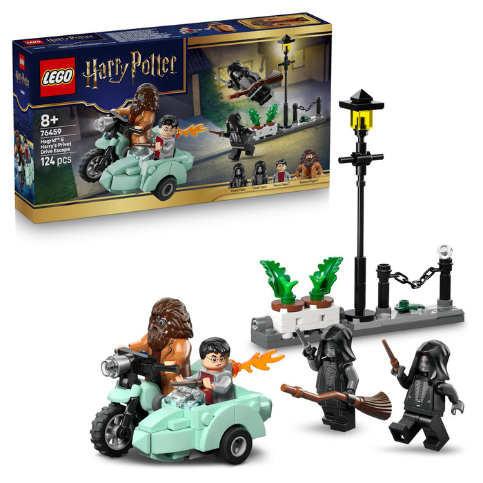 LEGO Harry Potter Hagrid & Harry's Privet Drive Escape - Motorbike Toy with 4 Minifigures incl. 2 Death Eaters, plus a Street Scene - Gift for 8+ Year Old Girls, Boys & Fans - 76459
