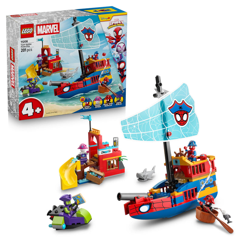 LEGO ǀ Marvel Team Spidey Pirate Ship Toy - SuperHero Set w/a Ship Model, 2 Boats & 4 Minifigures - Gift for 4+ Year Old Boys and Fans of the Spidey and his Amazing Friends Show - 11208