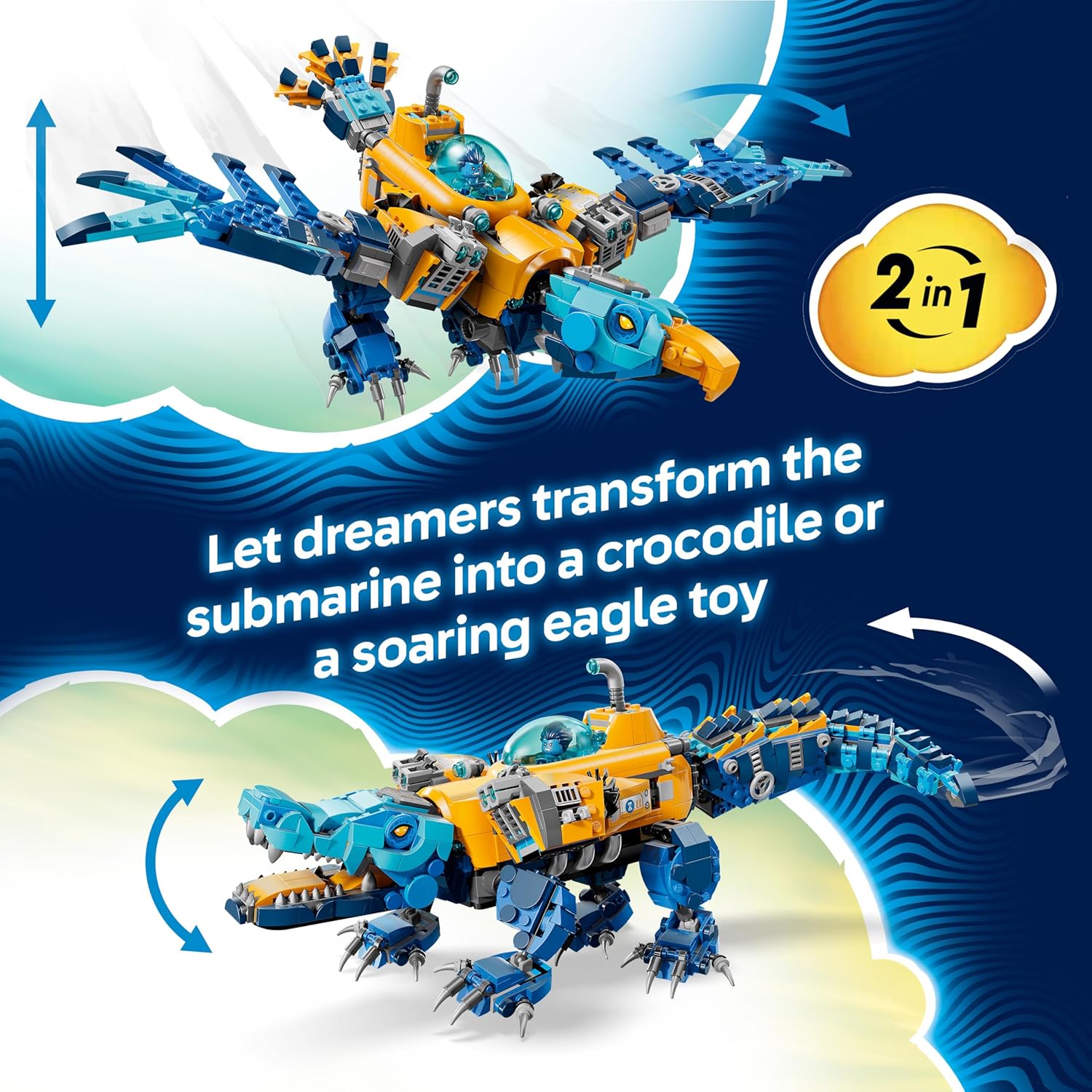 LEGO DREAMZzz 2in1 Crocodile Submarine Toy - Transforms into an Eagle Submarine - incl. 3 Minifigures, 2 Spiders & a Collectible Blue Treasure Creature - Gift for 8+ Year Old Boys - 71512