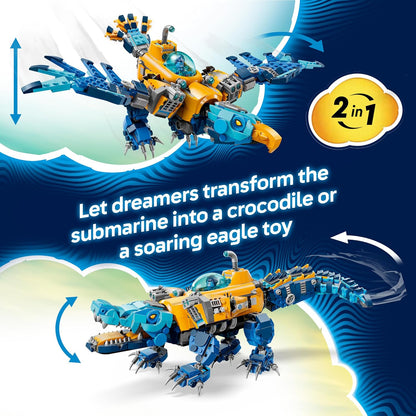 LEGO DREAMZzz 2in1 Crocodile Submarine Toy - Transforms into an Eagle Submarine - incl. 3 Minifigures, 2 Spiders & a Collectible Blue Treasure Creature - Gift for 8+ Year Old Boys - 71512