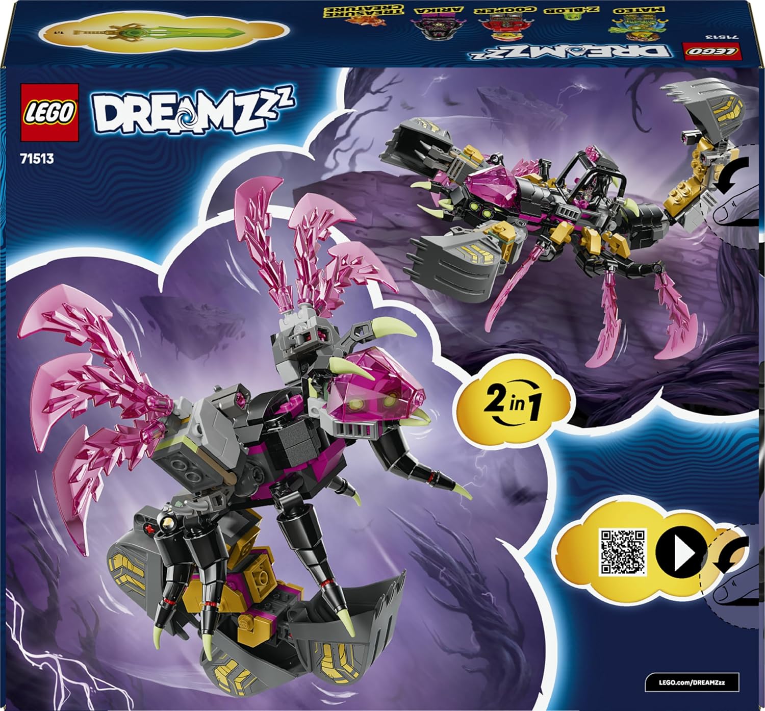 LEGO DREAMZzz 2in1 Nightmare Scorpion Digger Toy - Transforms into a Wasp Figure - incl. 3 Minifigures & a Collectible Orange Treasure Creature - Gift for 7+ Year Old Boys - 71513