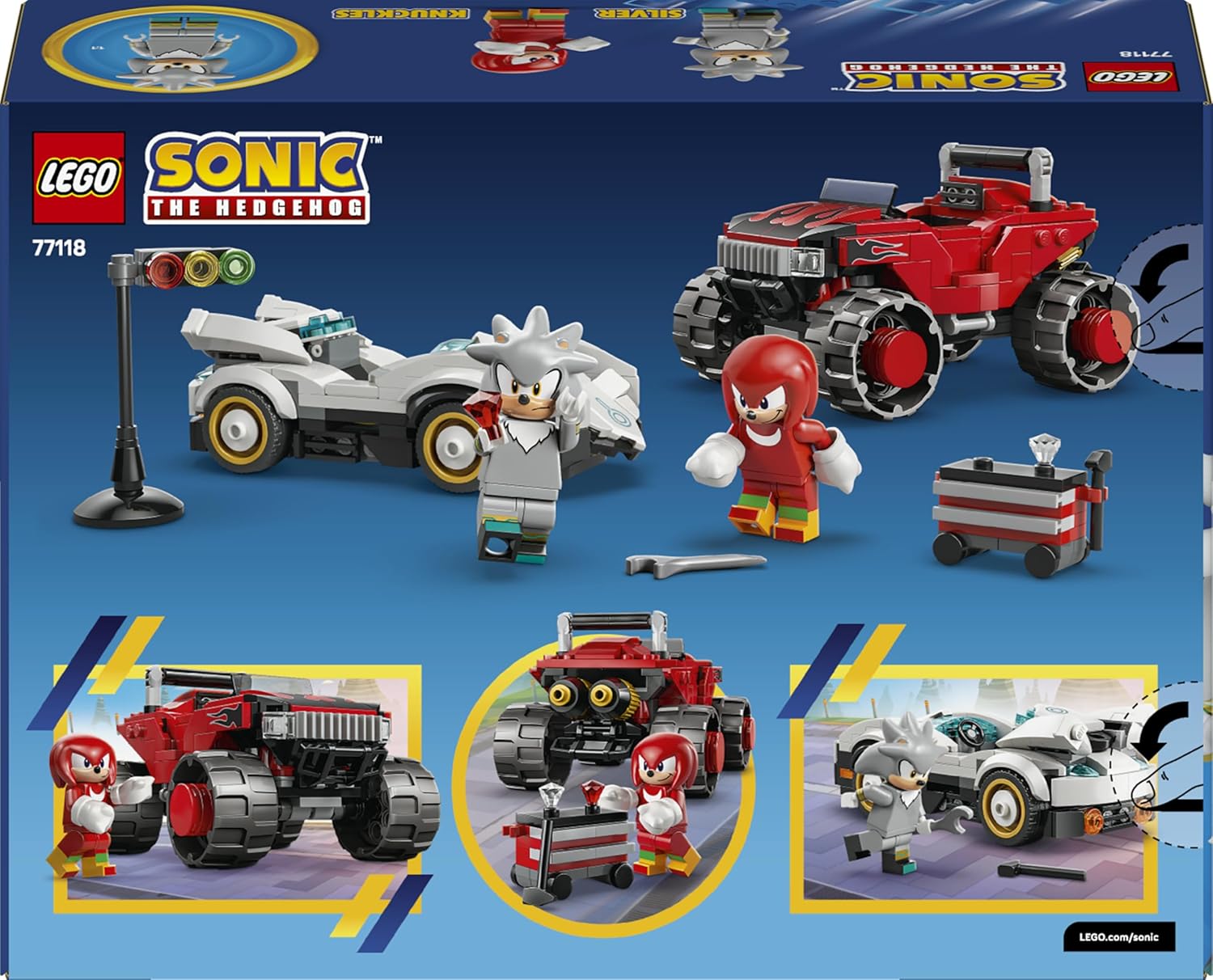 LEGO Sonic the Hedgehog Silver's Car vs. Knuckles' Monster Truck Toy - incl. 2 Minifigures & 2 Chaos Emeralds - Gaming Gift for 8+ Year Old Boys & Girls - 77118