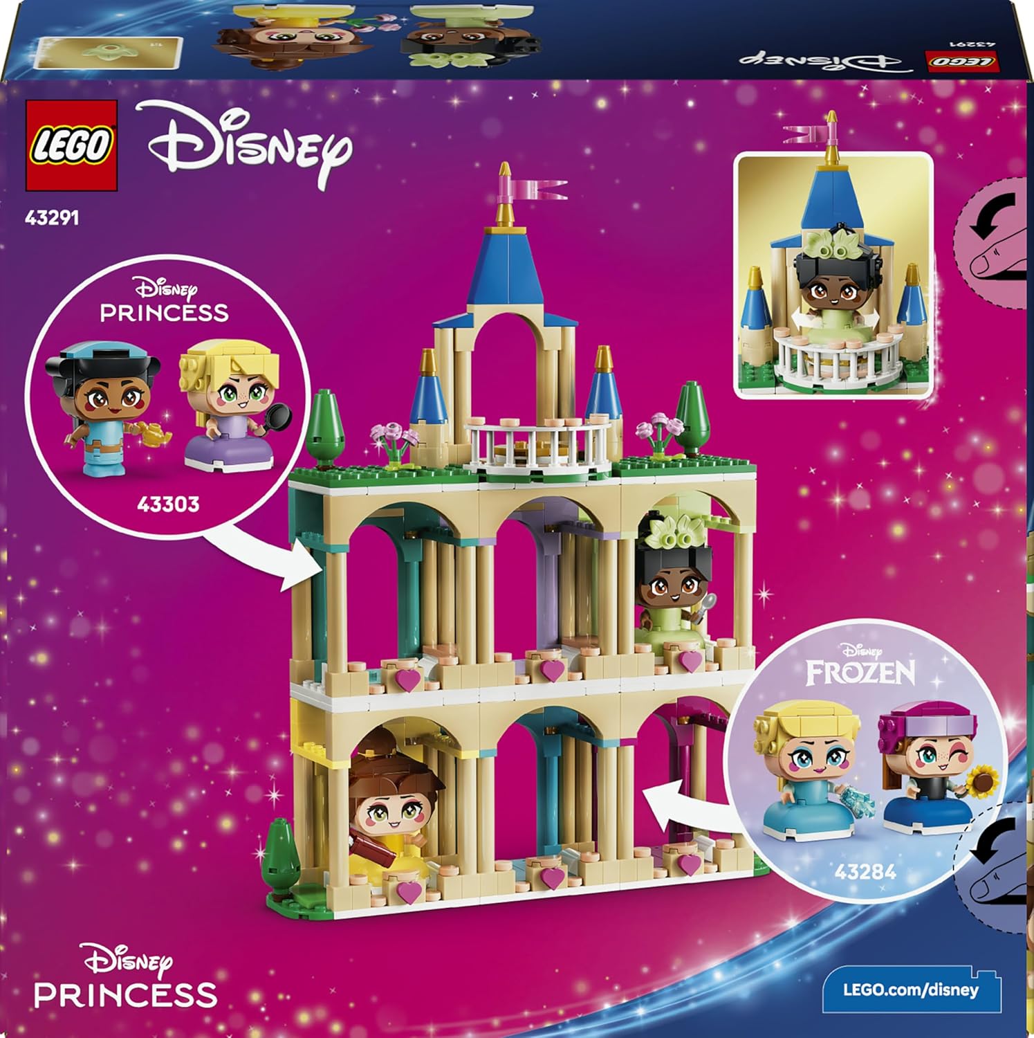 LEGO|Disney Princess Mini Belle & Tiana with Castle Toy - incl. 2 Mini Doll Figures w/Accessories - DIY Display Case - Collectible Gift for 5+ Year Old Girls & Fans - 43291
