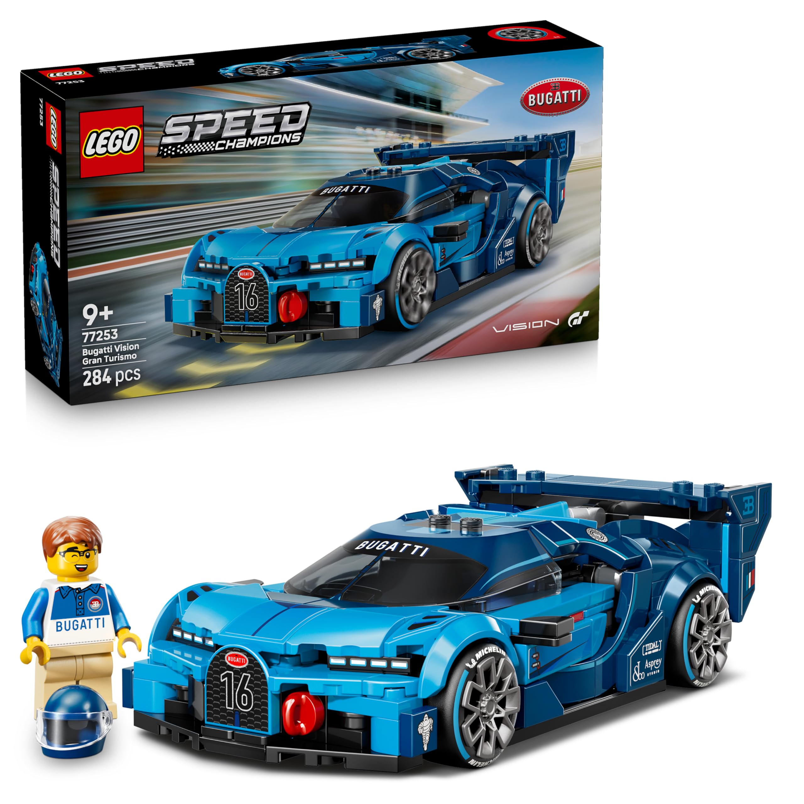 LEGO Speed Champions Bugatti Vision GT Hyper Sports Car Toy - Model Kit w/a Collectible Driver Minifigure - Gaming Gift Idea for 9+ Year Old Boys & Motorsport Fans - 77253