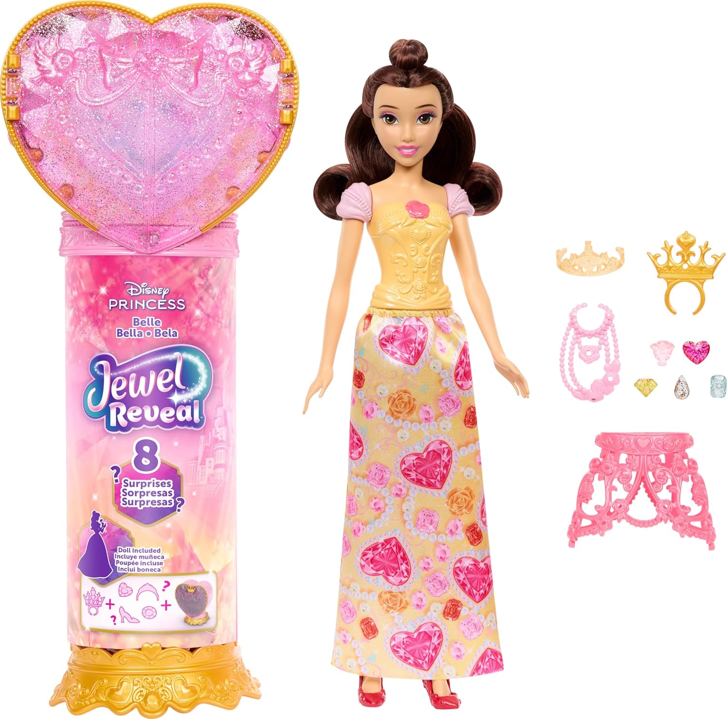 Mattel Disney Princess Belle Modepuppe und Zubehörteile mit 8 Überraschungen, darunter herzförmige Juwelenbox, Ring für Kind und 9 Teile, vom Film inspiriert, JHL51,