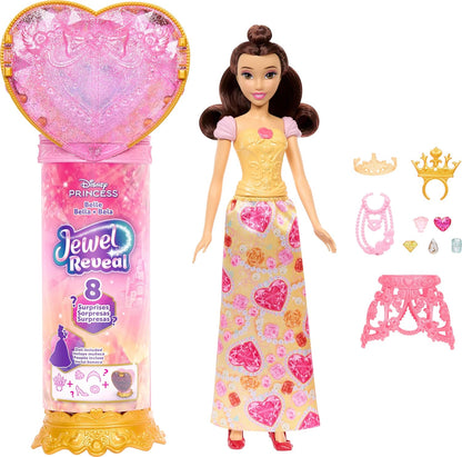 Mattel Disney Princess Belle Modepuppe und Zubehörteile mit 8 Überraschungen, darunter herzförmige Juwelenbox, Ring für Kind und 9 Teile, vom Film inspiriert, JHL51,