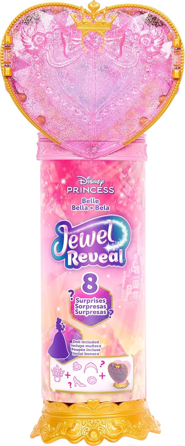 Mattel Disney Princess Belle Modepuppe und Zubehörteile mit 8 Überraschungen, darunter herzförmige Juwelenbox, Ring für Kind und 9 Teile, vom Film inspiriert, JHL51,