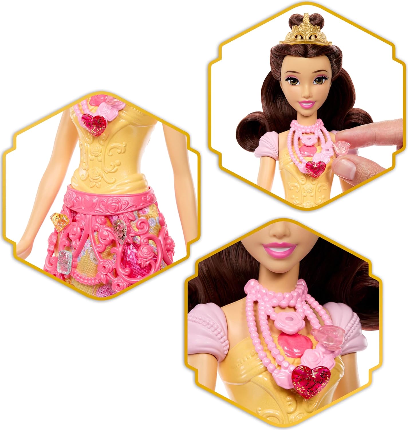 Mattel Disney Princess Belle Modepuppe und Zubehörteile mit 8 Überraschungen, darunter herzförmige Juwelenbox, Ring für Kind und 9 Teile, vom Film inspiriert, JHL51,