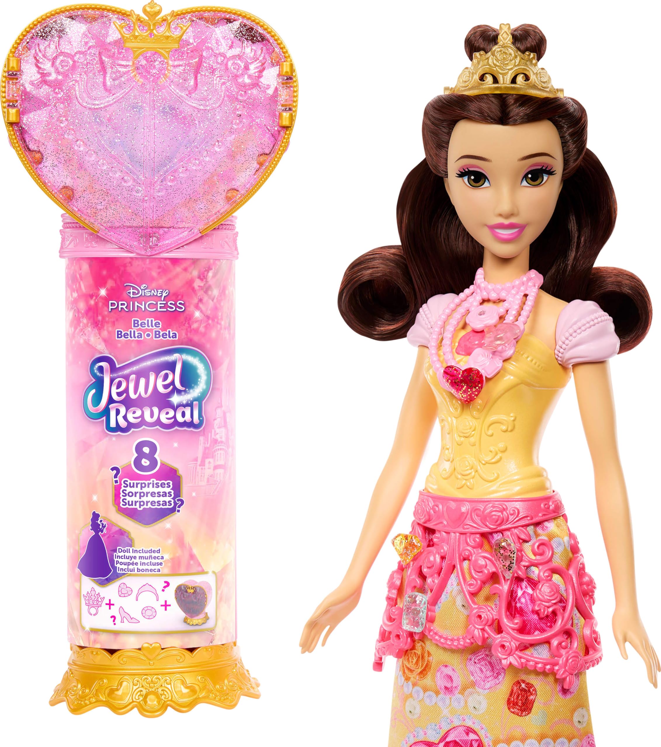 Mattel Disney Princess Belle Modepuppe und Zubehörteile mit 8 Überraschungen, darunter herzförmige Juwelenbox, Ring für Kind und 9 Teile, vom Film inspiriert, JHL51,