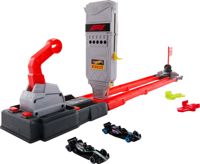 Hot Wheels Racing Formula 1 Toy Car Track Set, Race the 2 1:64 Scale Die-Cast Officially Licensed F1 Vehicles on Side-By-Side Track, Grid Start, JKM88