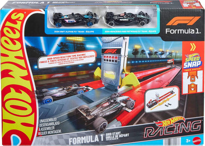 Hot Wheels Racing Formula 1 Toy Car Track Set, Race the 2 1:64 Scale Die-Cast Officially Licensed F1 Vehicles on Side-By-Side Track, Grid Start, JKM88
