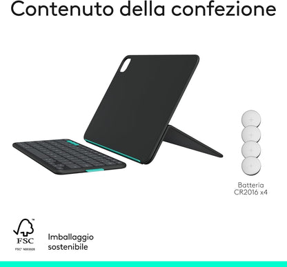 Logitech Flip Folio, custodia con tastiera per iPad Pro (M4), iPad Air da 11 pollici (M2 e M3)(5ª Gen - 2024) Custodia protettiva e ripiegabile, più multi dispositivo Bluetooth, ITA QWERTY - Graphite