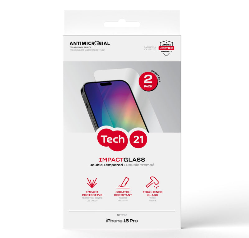Tech21 Impact Glass Screen Protector for iPhone 15 Pro - Pack of 2