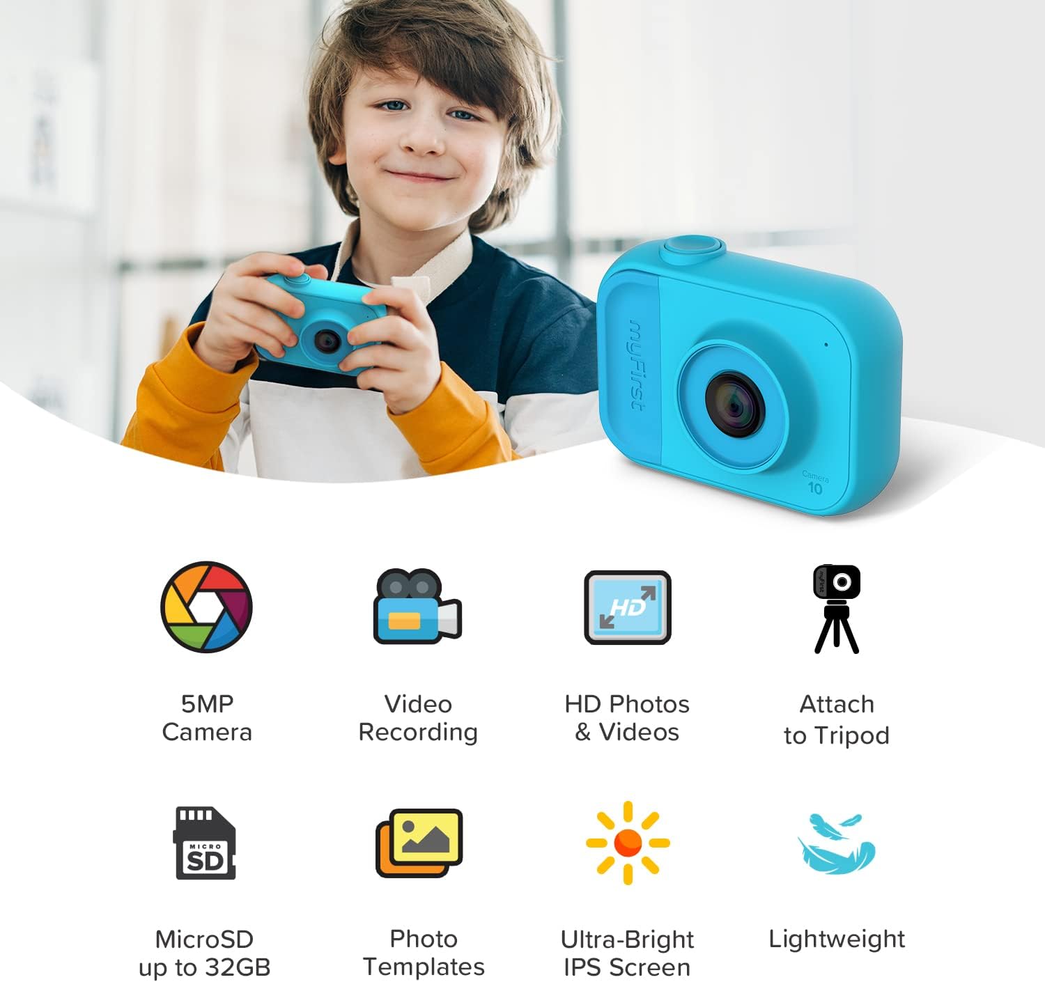 myFirst Camera 10 digitale camera voor jongens en meisjes van 4 tot 9 jaar, 5 MP video foto 32 GB, met statiefschroefadapter, geschikt voor verjaardagscadeau, blauw