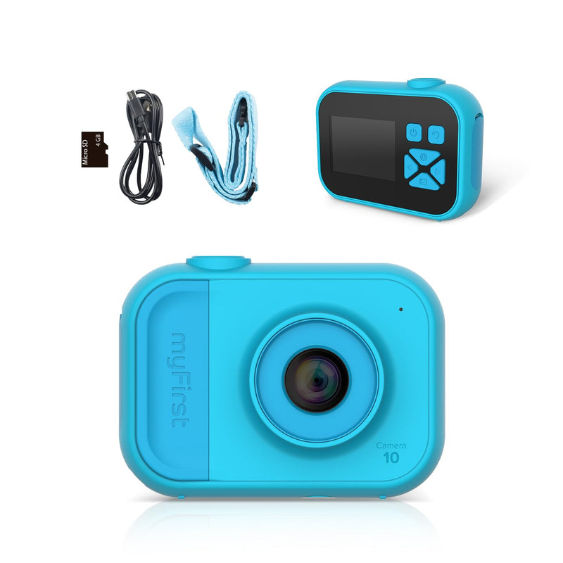 myFirst Camera 10 digitale camera voor jongens en meisjes van 4 tot 9 jaar, 5 MP video foto 32 GB, met statiefschroefadapter, geschikt voor verjaardagscadeau, blauw