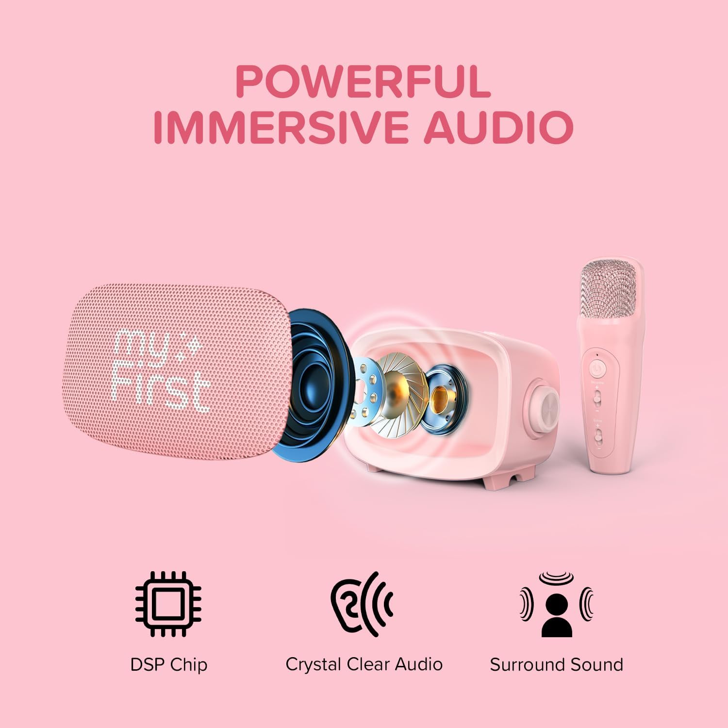 myFirst Voice 2 - Mini karaokemachine voor kinderen met draadloze microfoon en Ai-spraakwisselaar voor kinderen, draagbare Bluetooth-luidspreker, kerstspeelgoed, cadeaus voor meisjes en jongens van