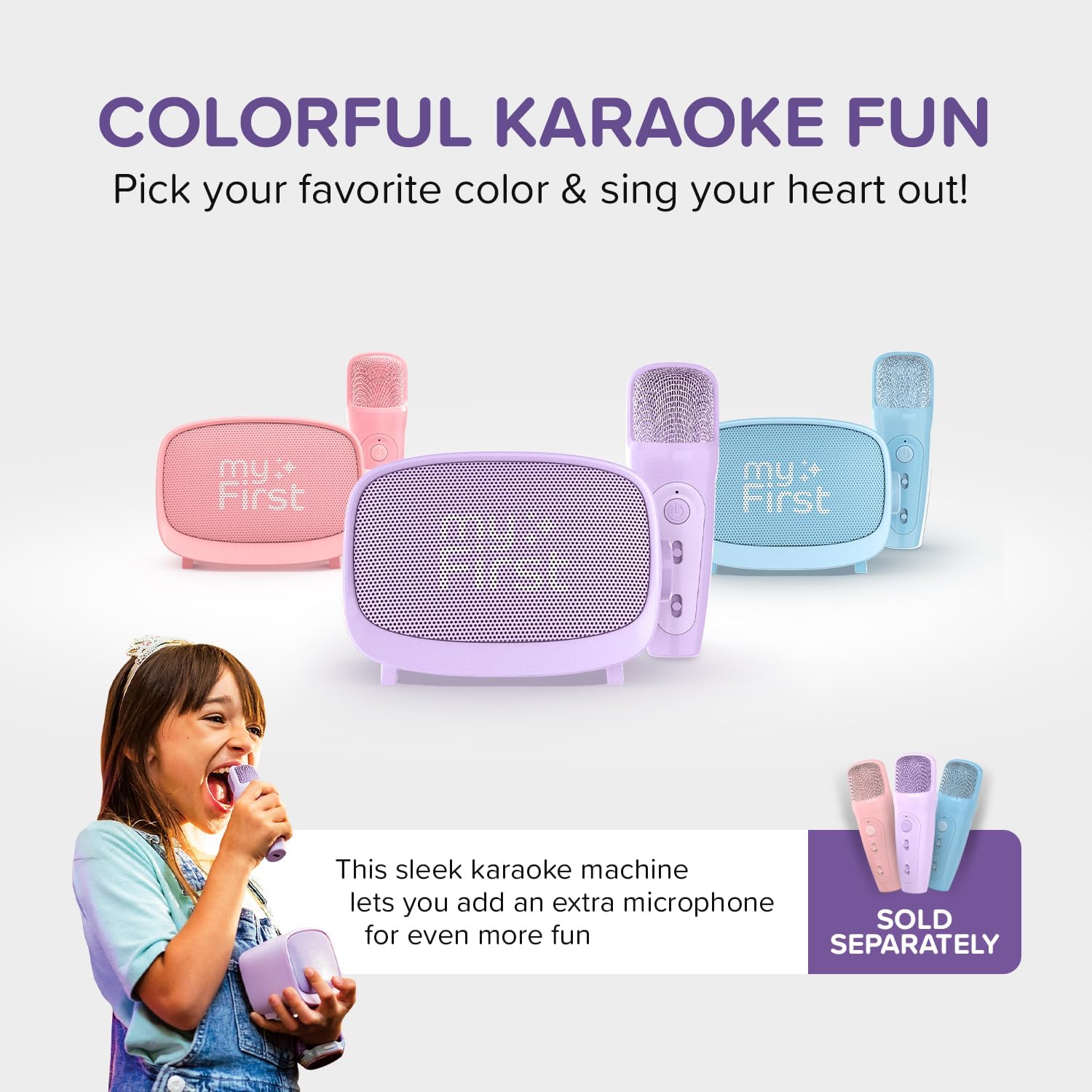 myFirst Voice 2 Interactieve microfoon, draagbaar, draadloos, Bluetooth, karaoke, met echoverversterker, grappige spraakeffecten voor jongens en meisjes (paars)
