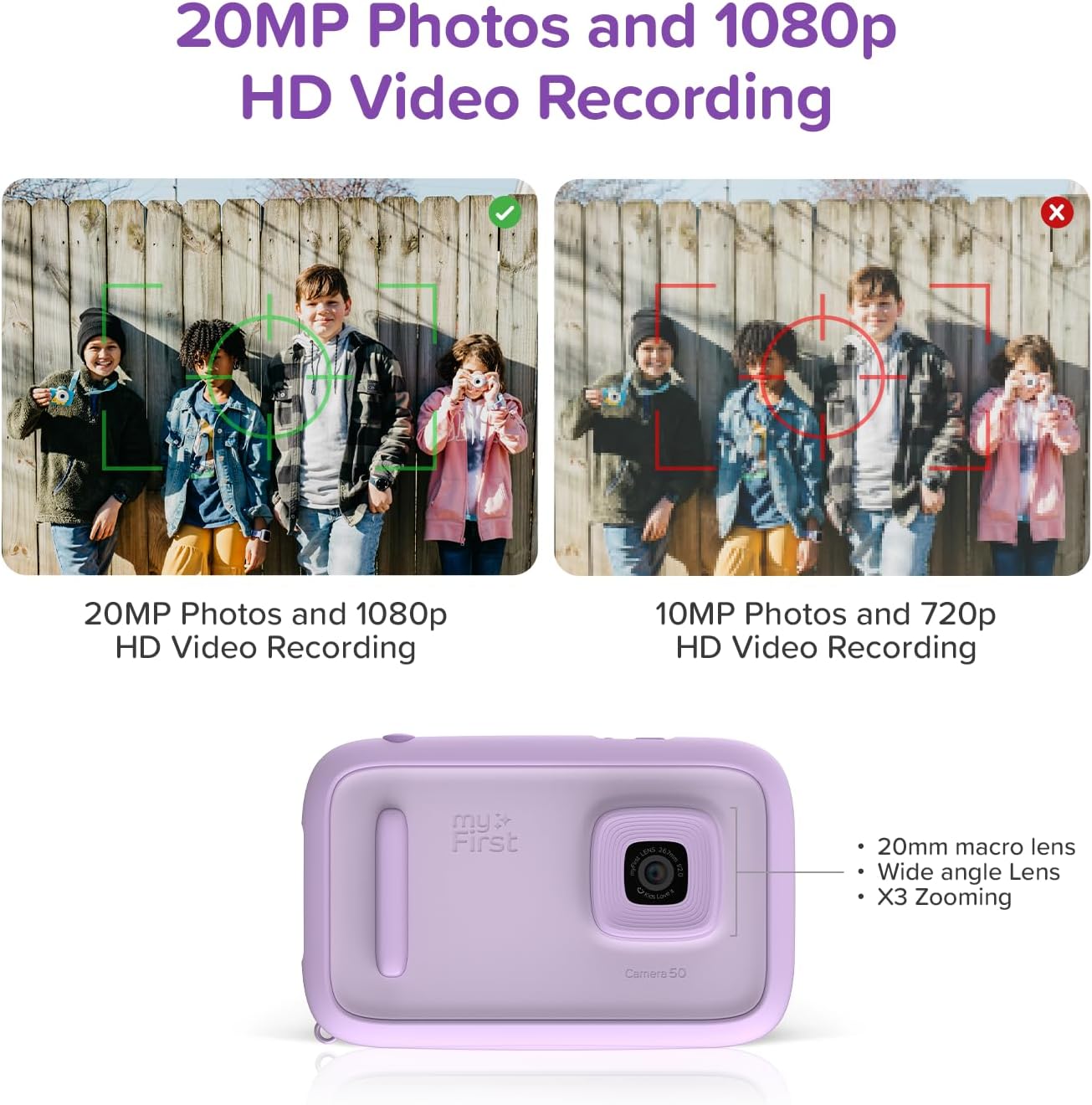 myFirst Camera 50 Digitale camera voor kinderen, 20 MP foto's, 1080p video, voorkant en selfielens, kerst- en verjaardagscadeaus voor jongens en meisjes van 4-15 jaar, draagbaar, reisvriendelijk