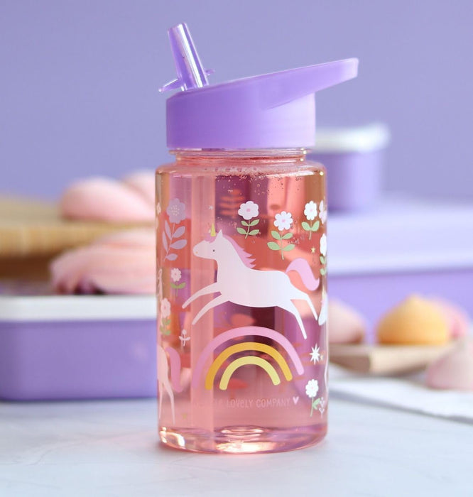 A Little Lovely Company Transparante Drinkfles met uniek design, 450 ml | Geschikt voor kleurschool, schooopvang, basisschool, vakantie, on the go (Unicorn dreams