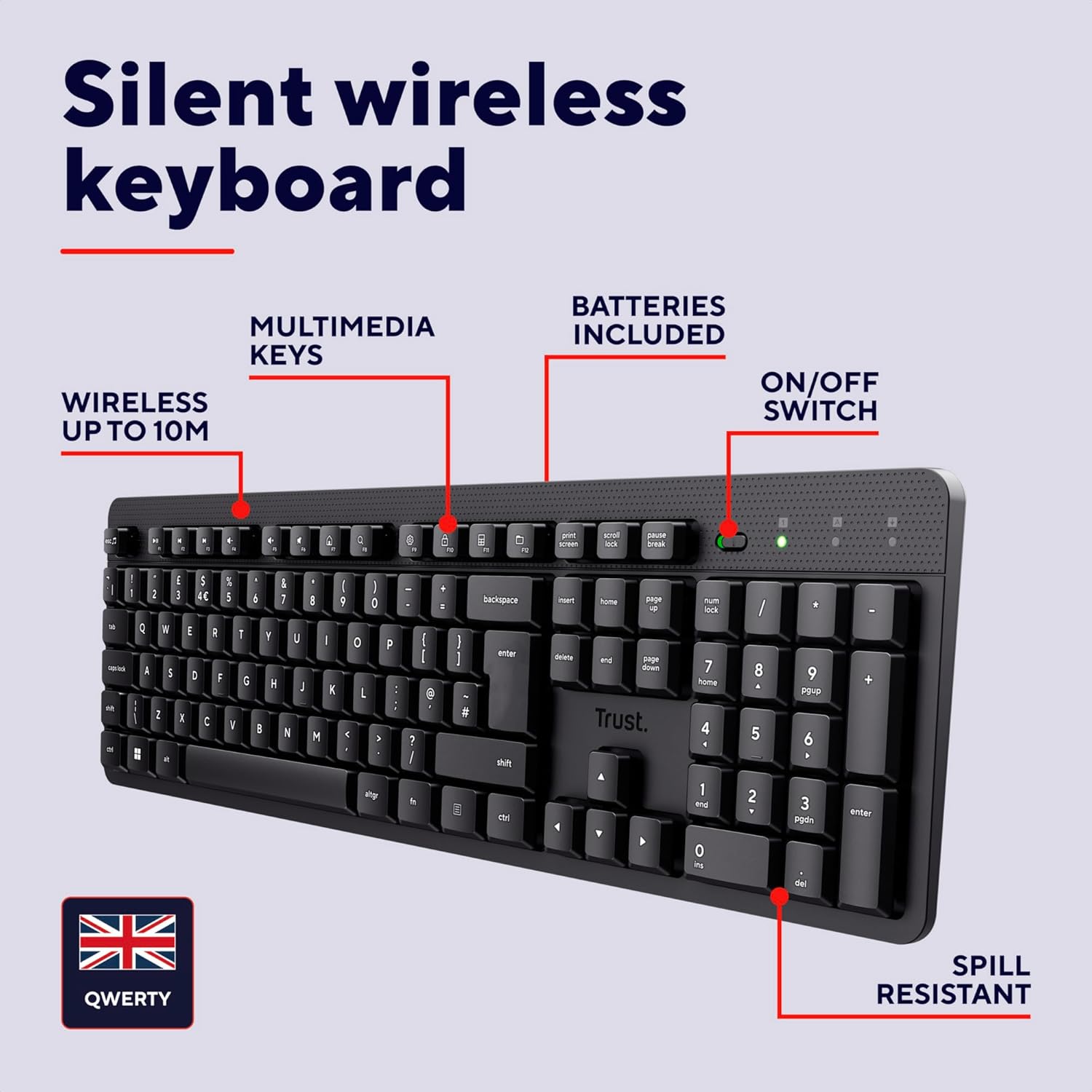 Trust Ody II Silent Wireless Keyboard QWERTY UK Layout, Membrane Low Profile Keys, USB Receiver 2.4GHz, Spill-Resistant, Batteries Included, Quiet Computer Keyboard for PC Laptop Mac - Black