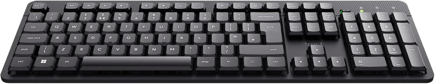 Trust Ody II Silent Wireless Keyboard QWERTY UK Layout, Membrane Low Profile Keys, USB Receiver 2.4GHz, Spill-Resistant, Batteries Included, Quiet Computer Keyboard for PC Laptop Mac - Black