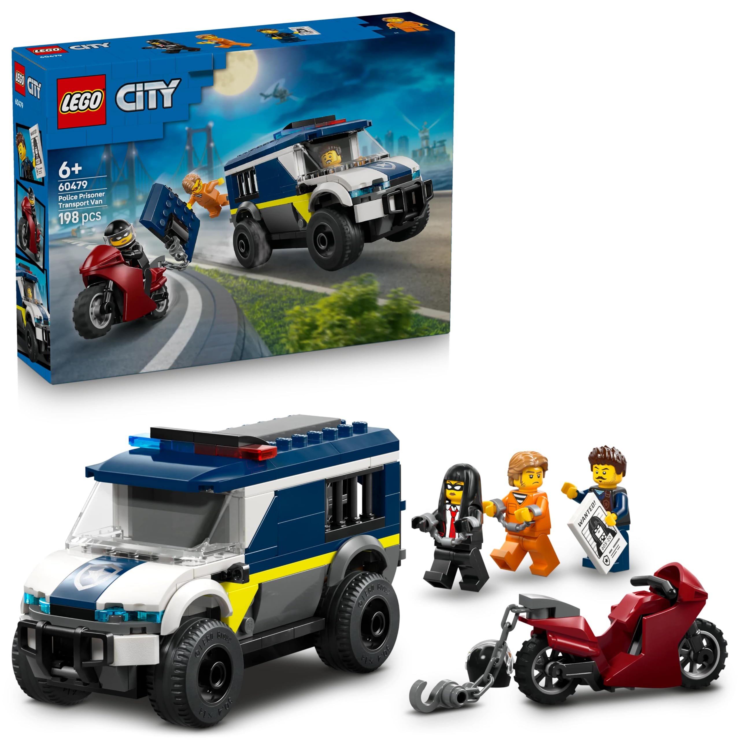 LEGO City Police Prisoner Transport Van Toy - Model Truck Kit w/Motorbike, 3 Minifigures & Removable Cell Door - Birthday Gift Idea for 6+ Year Old Boys - 60479