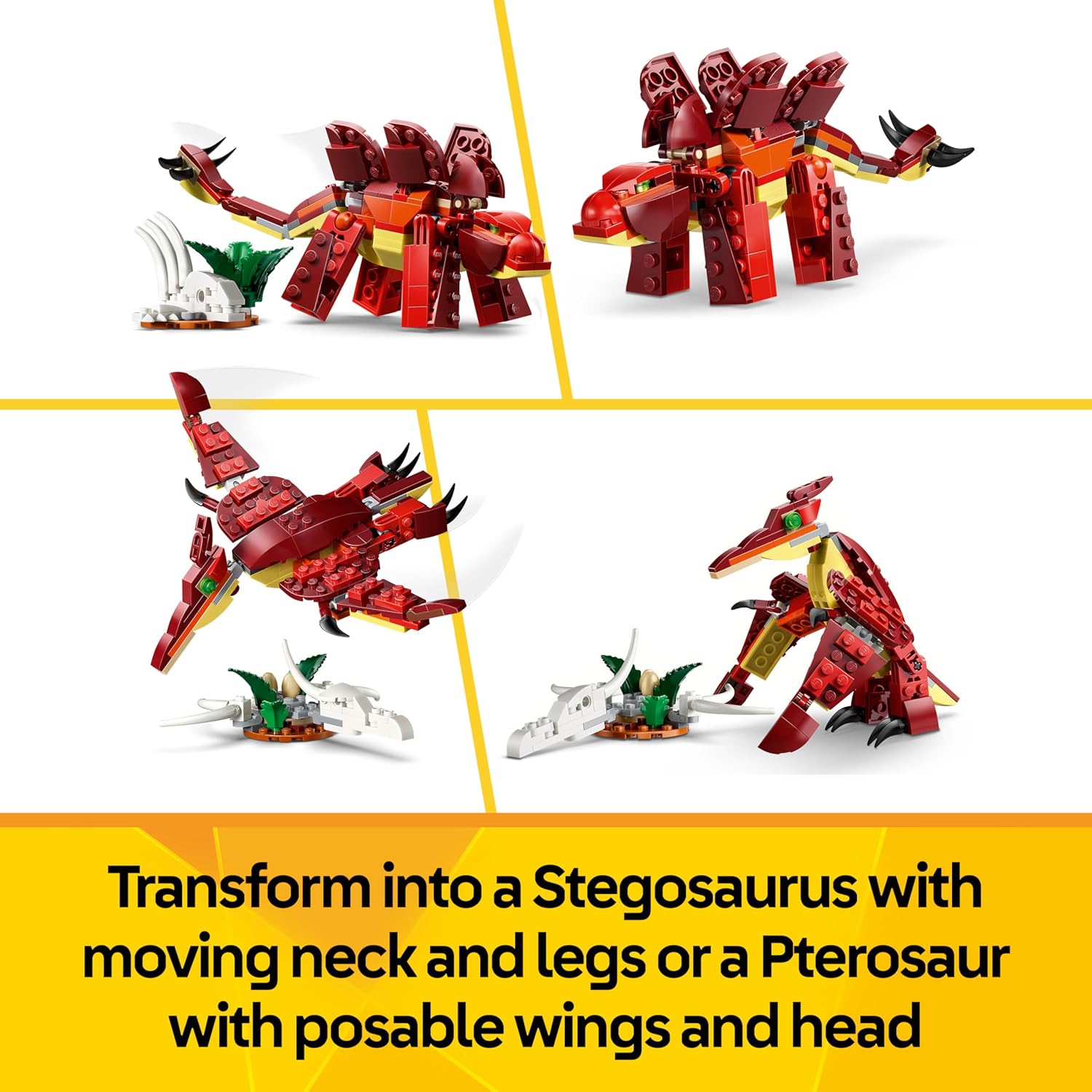 LEGO Creator 3in1 Fierce Dinosaur Toy - Build Velociraptor, Stegosaurus or Pterosaur Dino Figures w/Skeleton & Sharp Teeth Elements - Cool Birthday Gift Idea for 8+ Year Old Boys & Girls - 31379