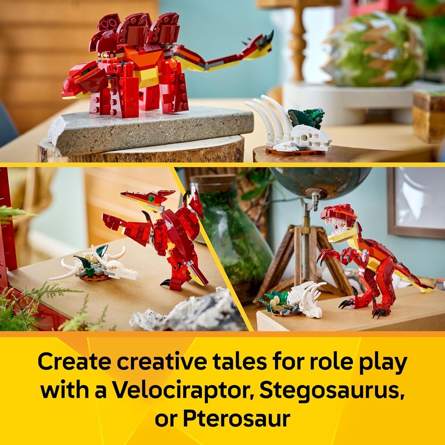 LEGO Creator 3in1 Fierce Dinosaur Toy - Build Velociraptor, Stegosaurus or Pterosaur Dino Figures w/Skeleton & Sharp Teeth Elements - Cool Birthday Gift Idea for 8+ Year Old Boys & Girls - 31379