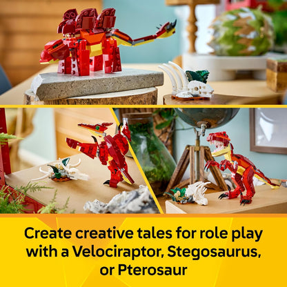 LEGO Creator 3in1 Fierce Dinosaur Toy - Build Velociraptor, Stegosaurus or Pterosaur Dino Figures w/Skeleton & Sharp Teeth Elements - Cool Birthday Gift Idea for 8+ Year Old Boys & Girls - 31379