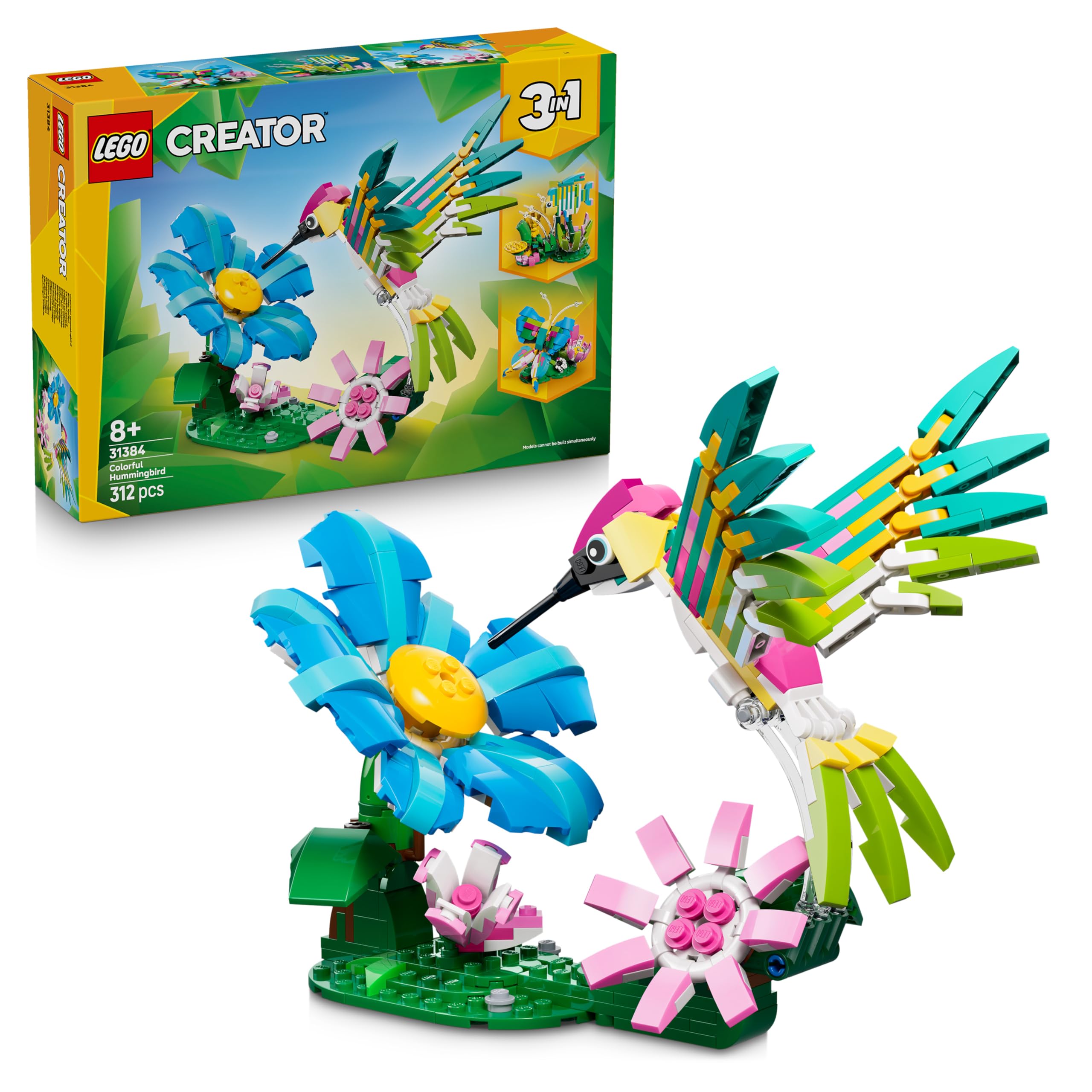 LEGO Creator 3in1 Wild Animals: Colourful Hummingbird - Bird Toy Transforms into a Butterfly or Fish Figure - DIY Room Decor Idea - Creative Gift for 8+ Year Old Girls & Boys - 31384
