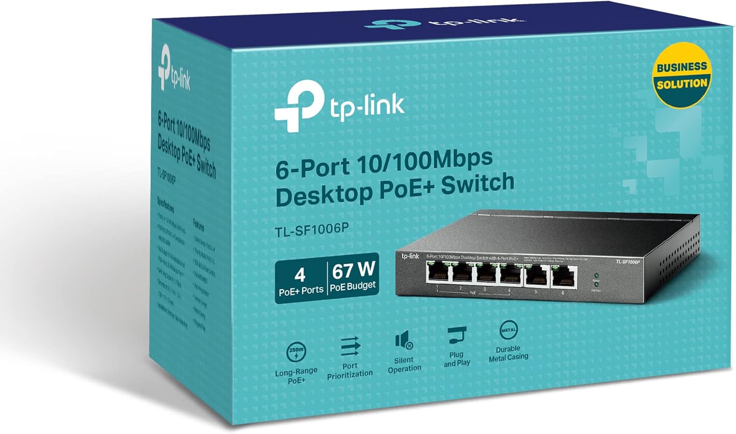 TP-Link TL-SF1006P 6 Port Fast Ethernet 10/100Mbps PoE Switch, 4 PoE+ Ports at 67W Plug & Play, Sturdy Metal w/Shielded Ports Network Switch, Extend Mode and Priority Mode