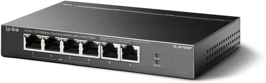 TP-Link TL-SF1006P 6 Port Fast Ethernet 10/100Mbps PoE Switch, 4 PoE+ Ports at 67W Plug & Play, Sturdy Metal w/Shielded Ports Network Switch, Extend Mode and Priority Mode
