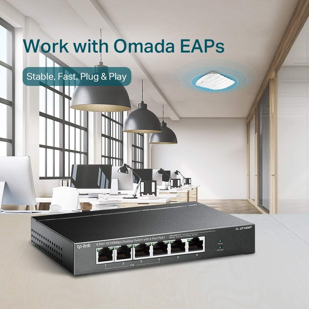 TP-Link TL-SF1006P 6 Port Fast Ethernet 10/100Mbps PoE Switch, 4 PoE+ Ports at 67W Plug & Play, Sturdy Metal w/Shielded Ports Network Switch, Extend Mode and Priority Mode