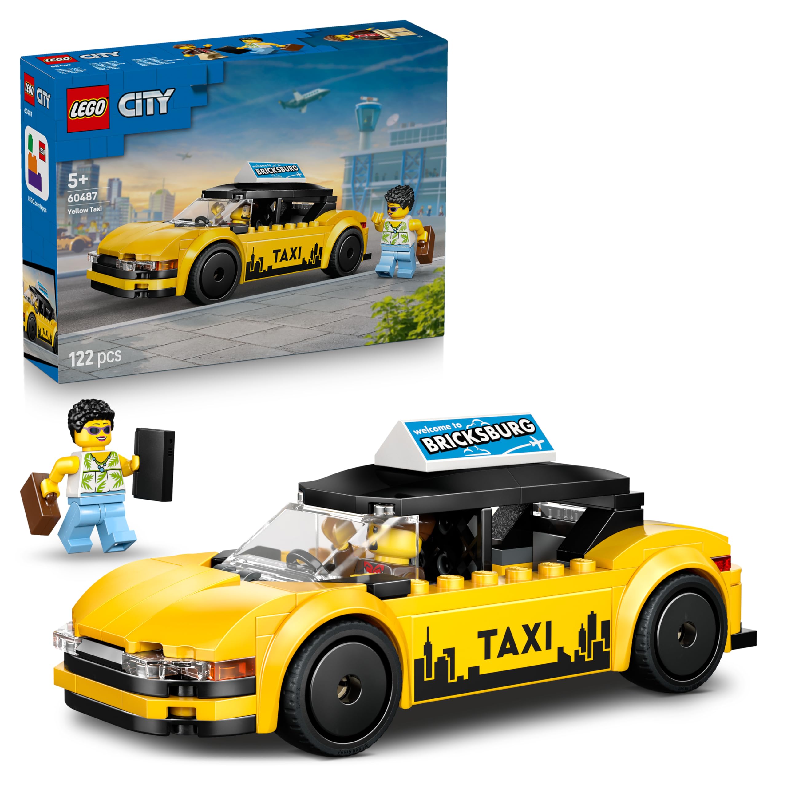 LEGO City Yellow Taxi Cab Toy - EV Car Model Kit w/ 2 Minifigures & Removable Roof - Fine Motor Skills Set - Small Birthday Gift Idea for 5+ Year Old Boys - 60487