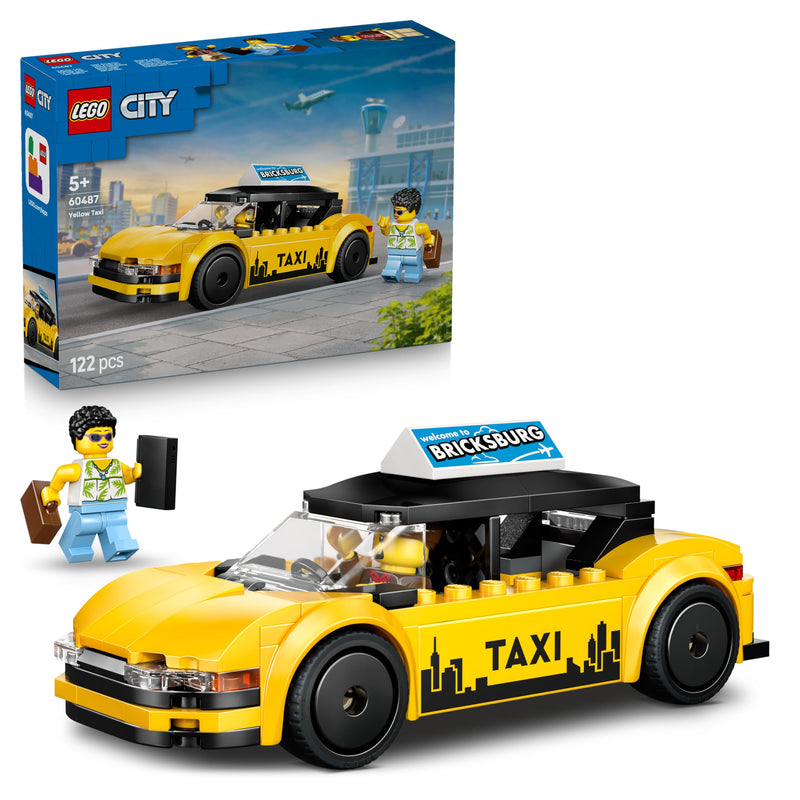 LEGO City Yellow Taxi Cab Toy - EV Car Model Kit w/ 2 Minifigures & Removable Roof - Fine Motor Skills Set - Small Birthday Gift Idea for 5+ Year Old Boys - 60487