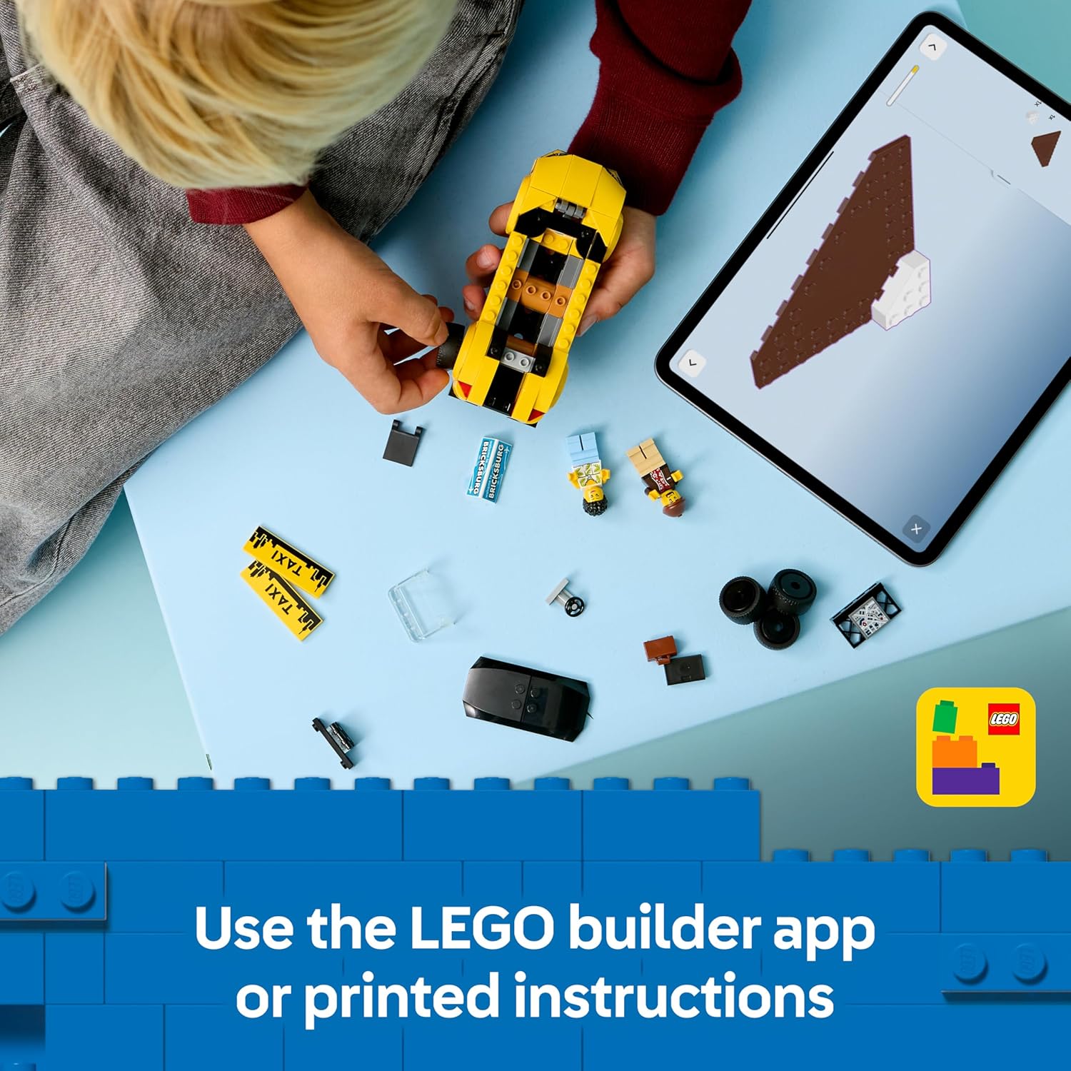 LEGO City Yellow Taxi Cab Toy - EV Car Model Kit w/ 2 Minifigures & Removable Roof - Fine Motor Skills Set - Small Birthday Gift Idea for 5+ Year Old Boys - 60487