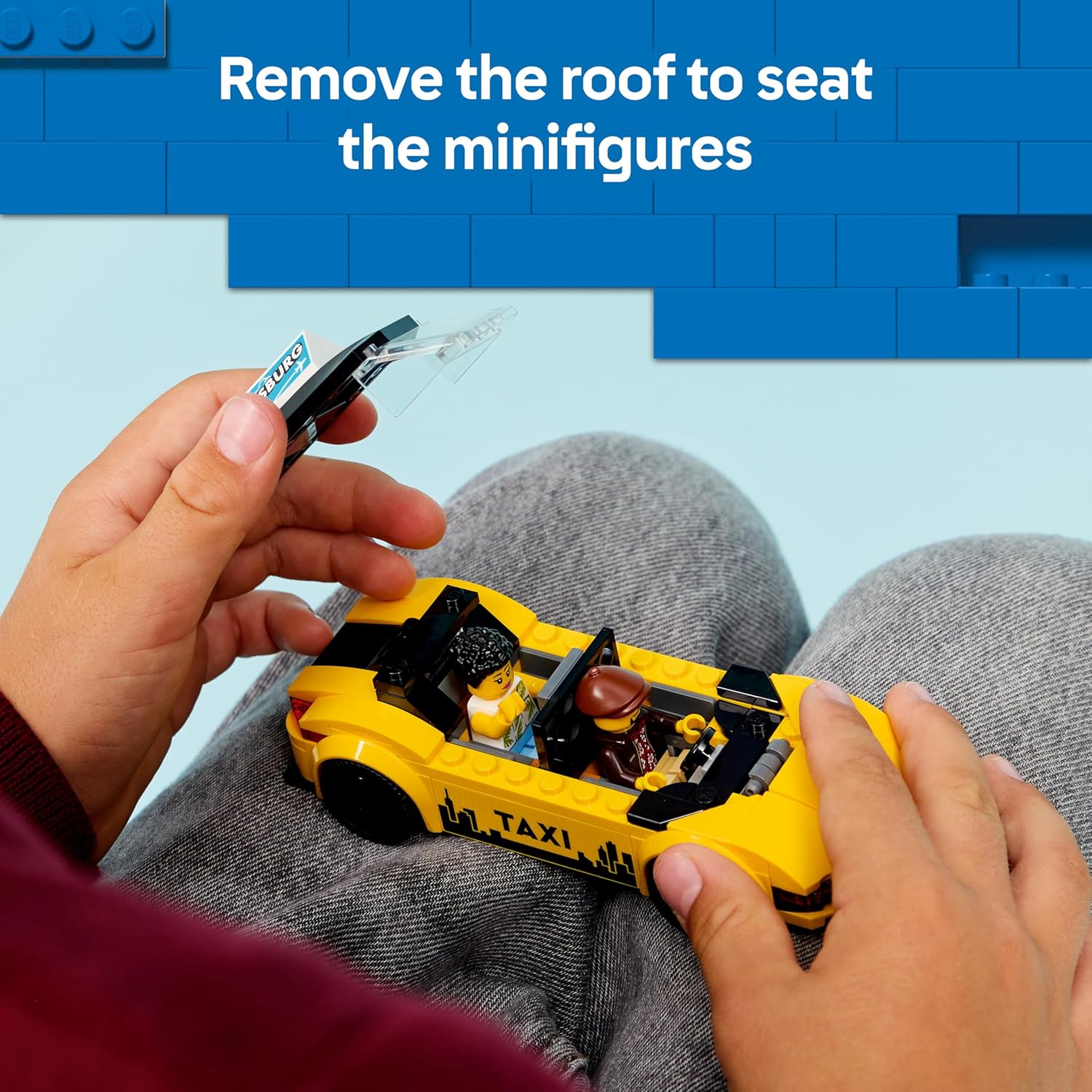 LEGO City Yellow Taxi Cab Toy - EV Car Model Kit w/ 2 Minifigures & Removable Roof - Fine Motor Skills Set - Small Birthday Gift Idea for 5+ Year Old Boys - 60487