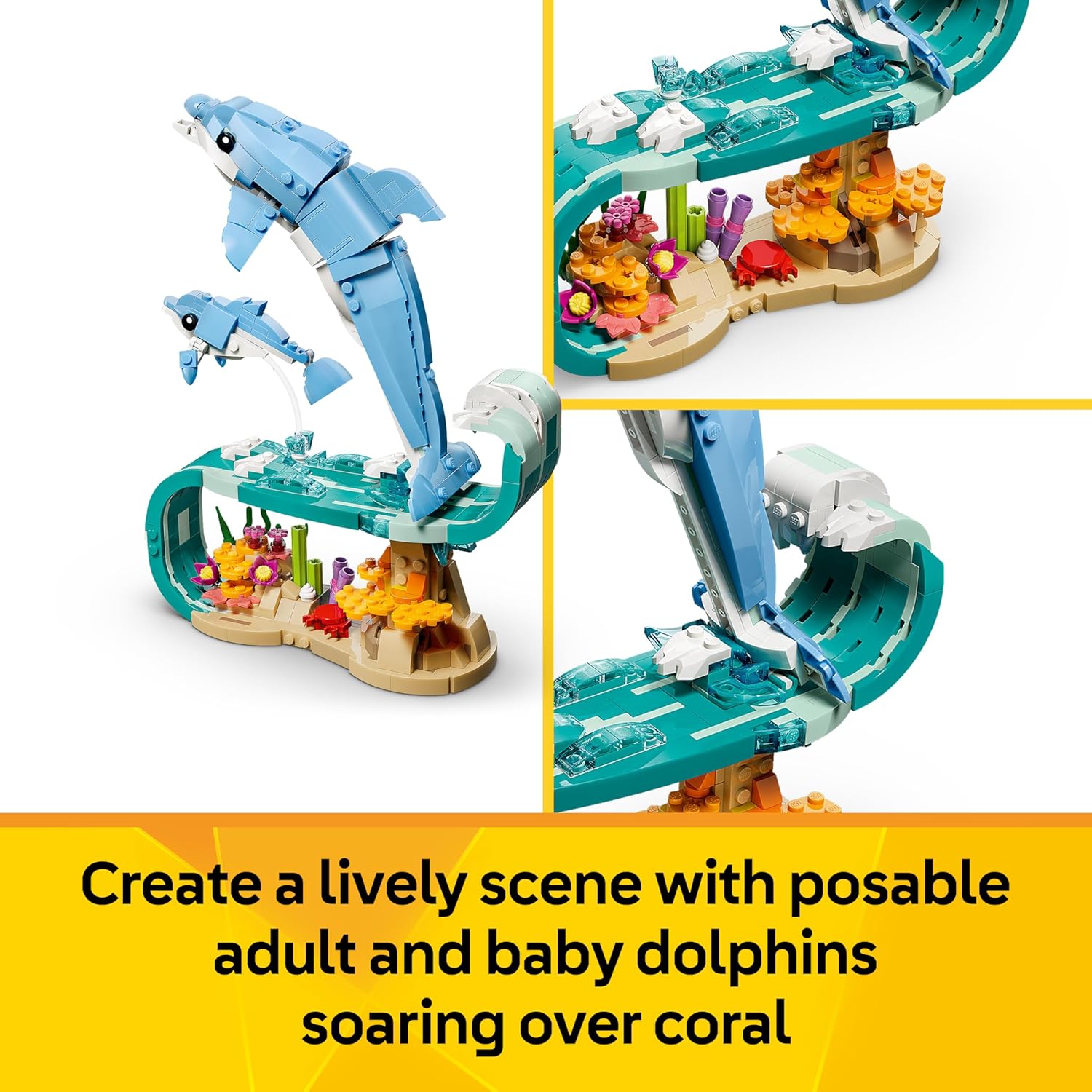 LEGO Creator 3in1 Sea Animals: Beautiful Dolphins Toy - Sea Animal Figure Transforms into a Seahorse or Crab - DIY Room Decor Idea - Creative Gift for 9+ Year Old Girls & Boys - 31385