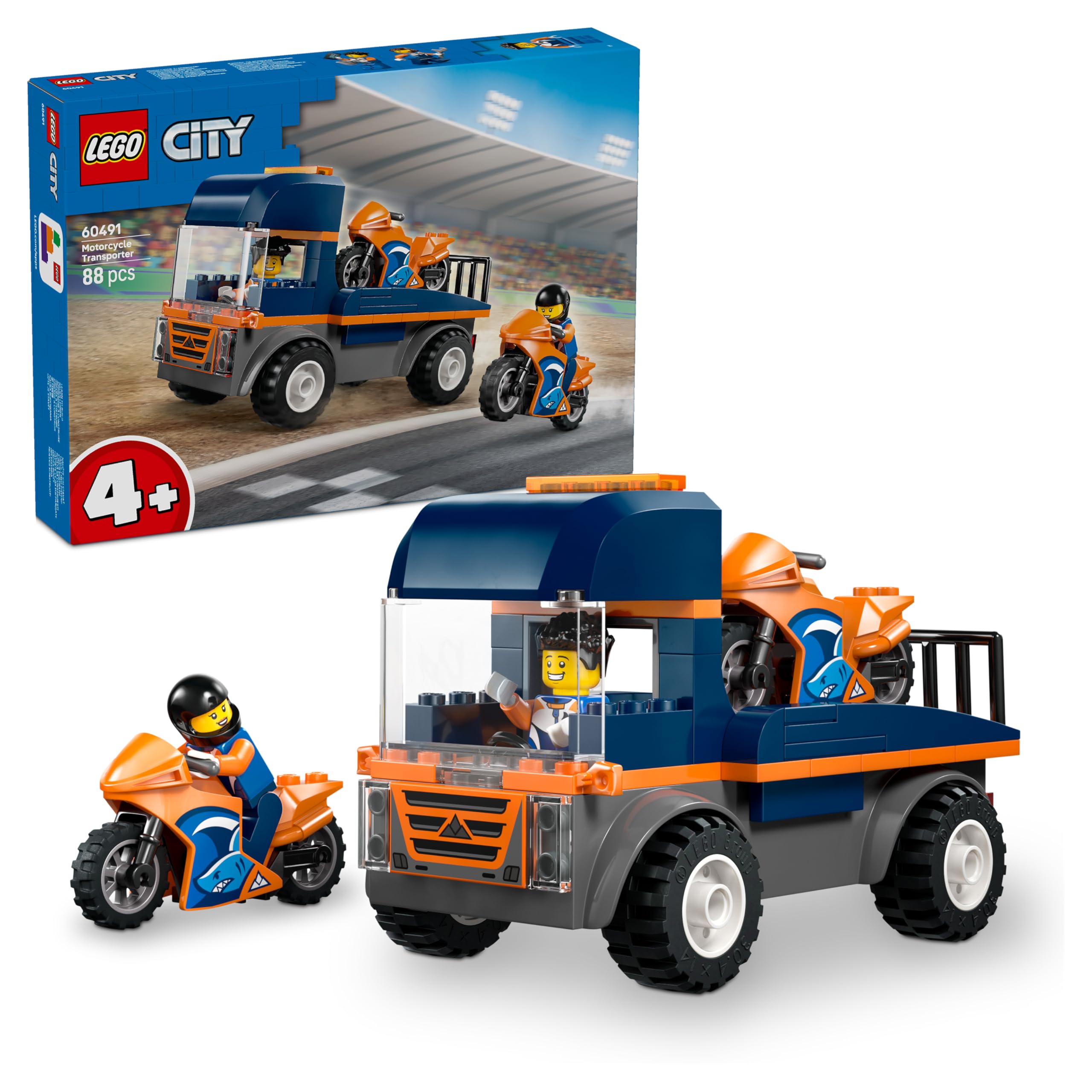 LEGO City Motorcycle Transporter - Fine Motor Skills Toy w/Flatbed Truck, 2 Motorbikes, 2 Minifigures, Ramp & Accessories - Birthday Gift for 4+ Year Old Boys - 60491