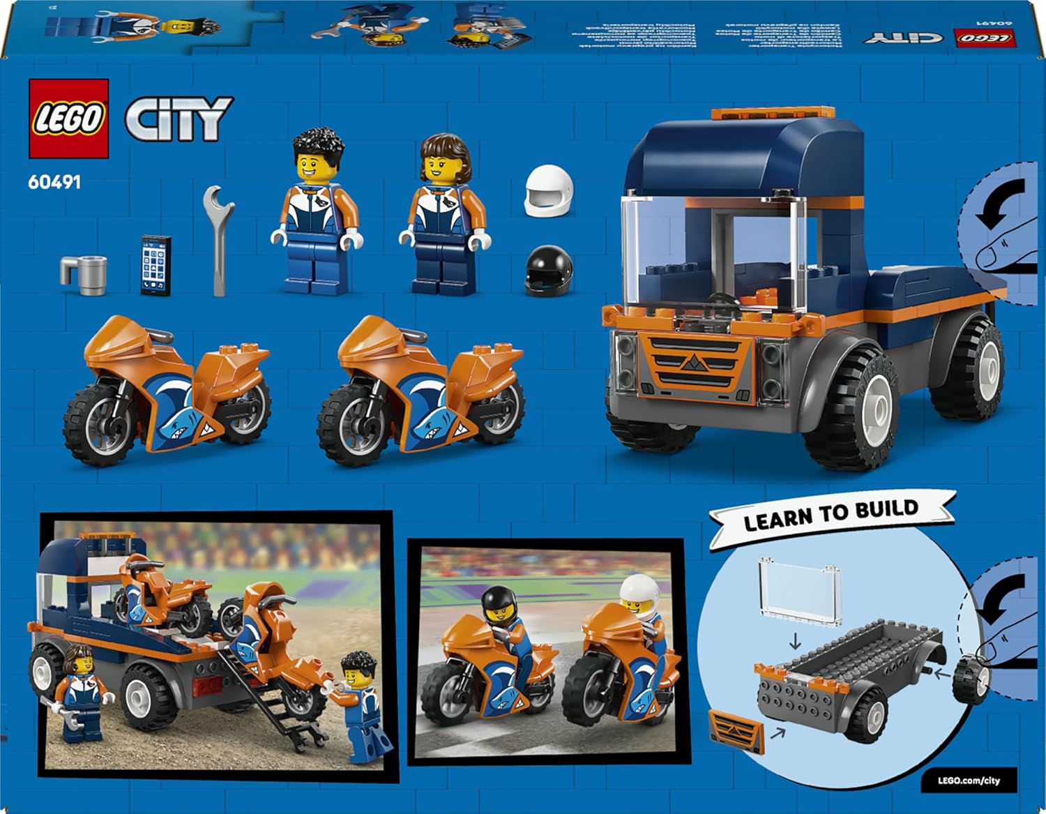 LEGO City Motorcycle Transporter - Fine Motor Skills Toy w/Flatbed Truck, 2 Motorbikes, 2 Minifigures, Ramp & Accessories - Birthday Gift for 4+ Year Old Boys - 60491