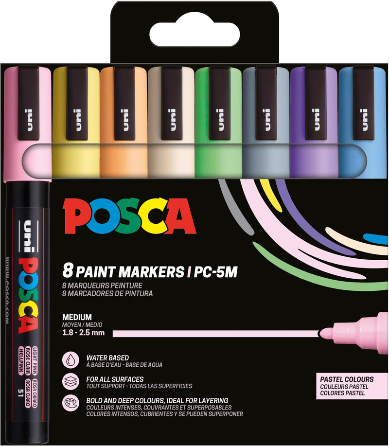 Uni-Ball 182556 - POSCA Marker Set, 8 acrylstiften pastel PC-5M, permanente marker 1,8-2,5 mm ronde punt