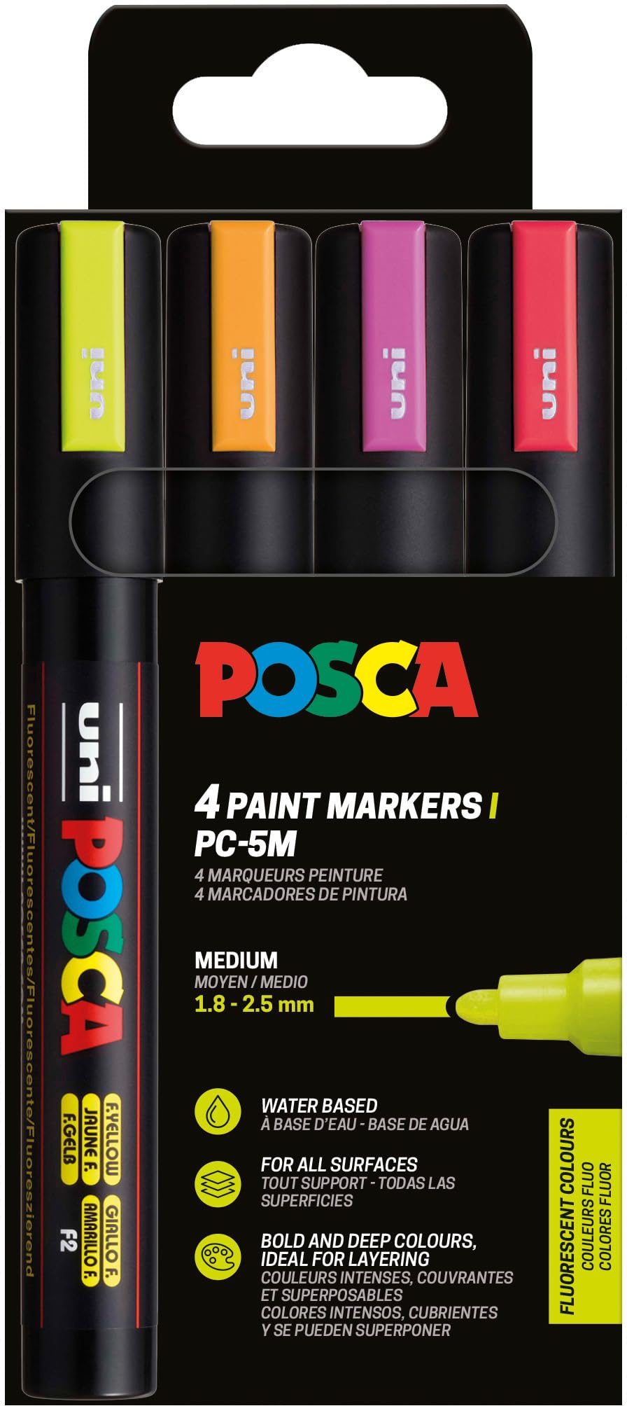 Uni-Ball 182548 - POSCA Marker Set, 4 acrylstiften neon PC-5M, permanente marker 1,8-2,5 mm ronde punt