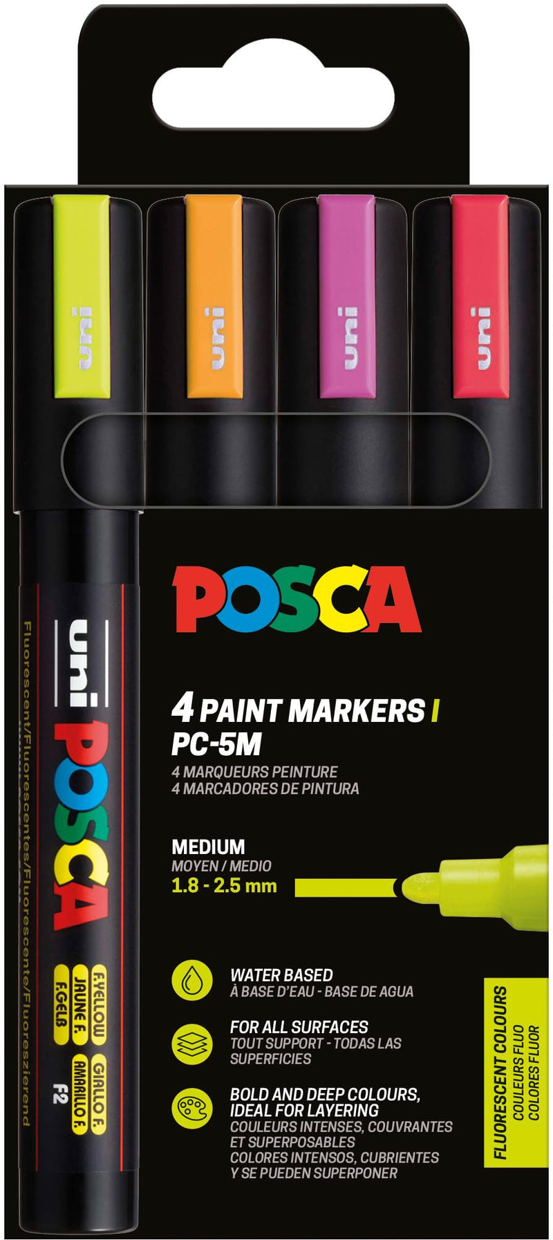 Uni-Ball 182548 - POSCA Marker Set, 4 acrylstiften neon PC-5M, permanente marker 1,8-2,5 mm ronde punt